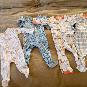 Bundle of Newborn Footed Onsies One Pieces Set - Blue, White, and Orange